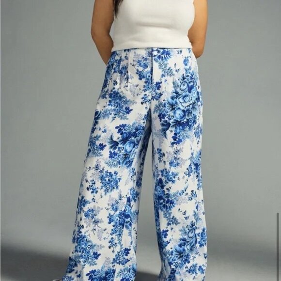 Maeve by Anthropologie White & Blue Floral Wide Leg Trousers, Size: 2 - Picture 5 of 5